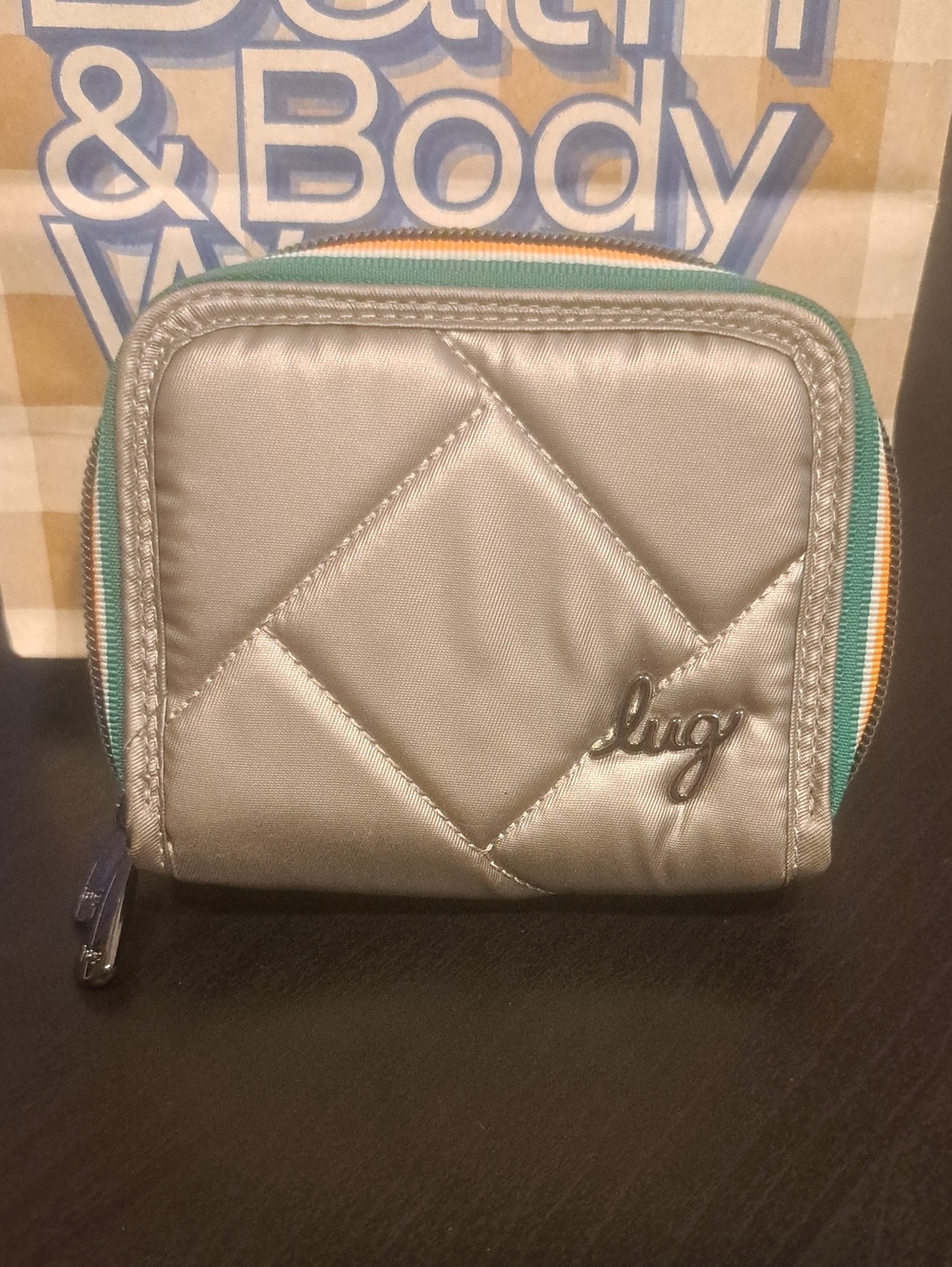 Lug Quilted Silver Wallet with Green and Orange Trim
